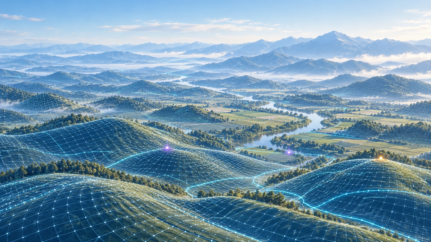 Conceptual simulation terrain with fine wireframe contours and a river valley; not a product screenshot